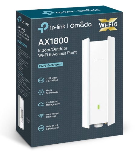 Eap 610 wifi 6 access point TP-Link Omada EAP610-Outdoor AX1800 WiFi 6 Access Point, showing key features like centralized management, weatherproofing, and high speed.