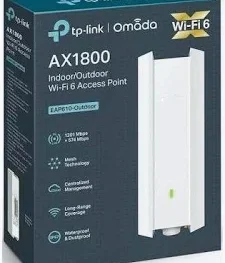 TP-Link Omada EAP610-Outdoor AX1800 WiFi 6 Access Point, showing key features like centralized management, weatherproofing, and high speed.